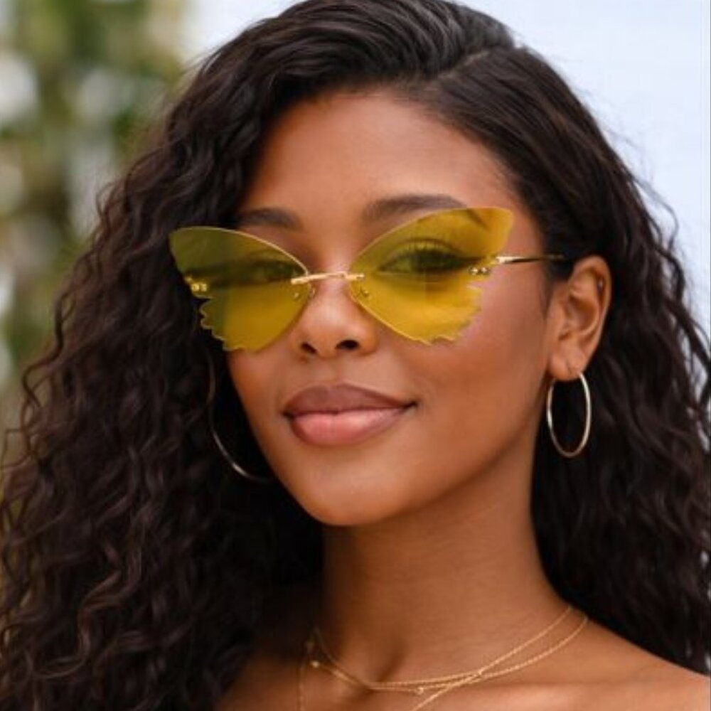 Yellow Butterfly Wing Rimless Sunglasses - Picture 1 of 4